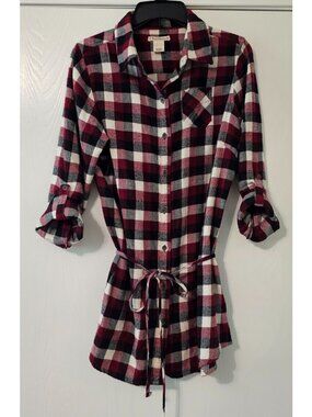 VTG Ruff Hewn Womens Buffalo Plaid Tie Waist Tunic Flannel M Outdoors Supersoft